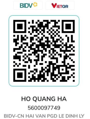 Mã QR chuyển khoản học phí; HO QUANG HA; 5600097749; BIDV-CN HAI VAN PGD LE DINH LY